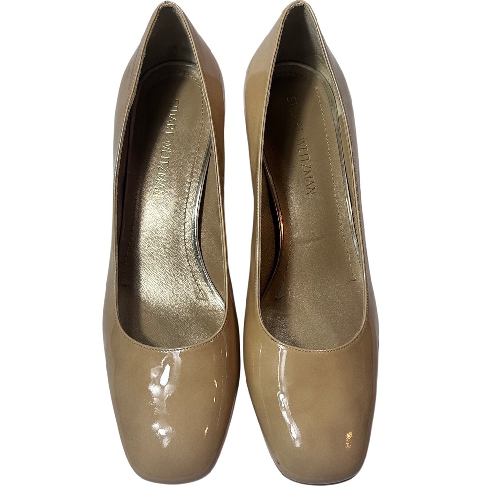 Stuart Weitzman Nude Beige Patent Leather Square Toe Block Heel Pumps Size 12 M